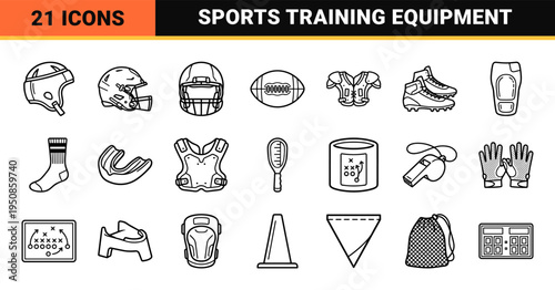 American Football Equipment Technical Monoline Icons for Sports Strategy and Athletic Training Design Projects