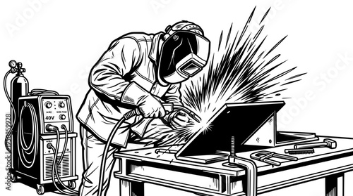 Welder Working Over Metal Plate Vector Illustration