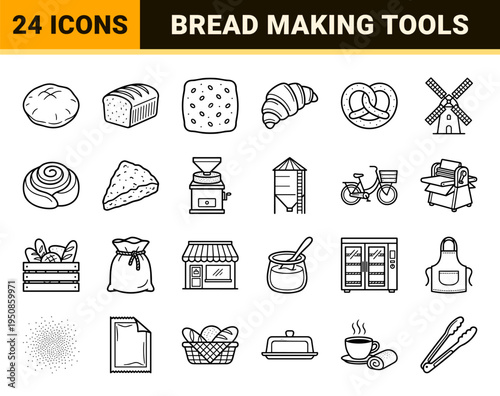 Artisanal Bakery Production Monoline Symbols featuring Bread Baking Equipment and Wheat Grains in Minimalist Technical Line Art Style