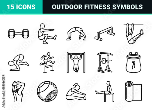 Calisthenics and Bodyweight Fitness Monoline Symbols for Outdoor Gym Signage and Workout Apps featuring Minimalist Street Workout Outlines