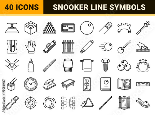 Billiards and Snooker Equipment Line Symbols with Minimalist Monoline Aesthetic for Professional Sports Analytics and Gaming UI Design