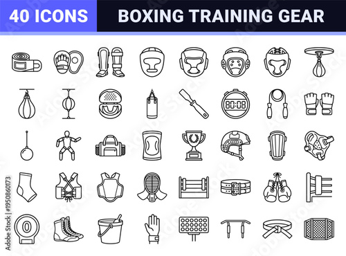Professional Combat Sports Protective Gear and Boxing Headgear Technical Monoline Symbol Set for Athletic Branding and Gym Signage.