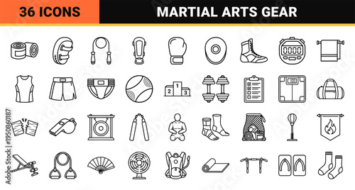 Professional Combat Sports Training Equipment Monoline Outlines for Martial Arts Gym Branding and Athlete Performance Tracking Interfaces