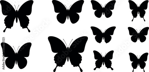 A collection of black butterfly silhouettes on a white background featuring various sizes and orientations of the insects