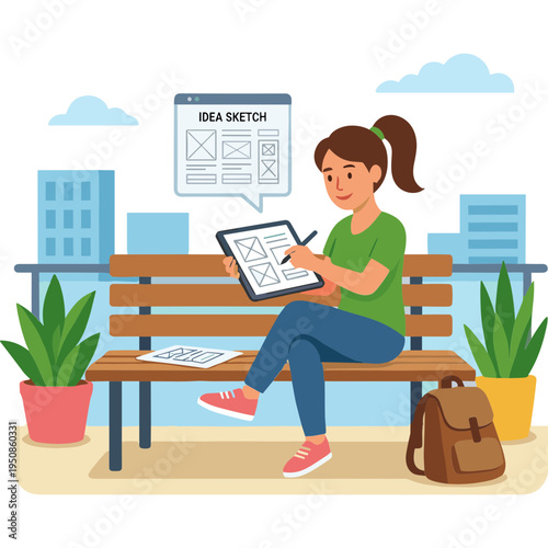 A woman sketches on a tablet on a park bench with buildings and plants