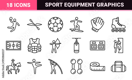 Professional Athletics and Recreation Monoline Symbol Set featuring Minimalist Sport Equipment and Active Lifestyle Linear Geometry Outlines