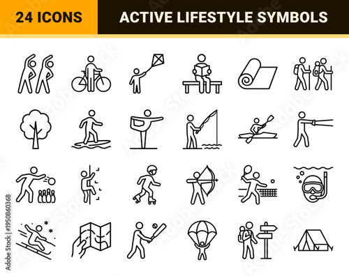 Outdoor Recreation and Active Lifestyle Minimalist Monoline Symbols for Urban Planning and Wellness Navigation Signage Systems