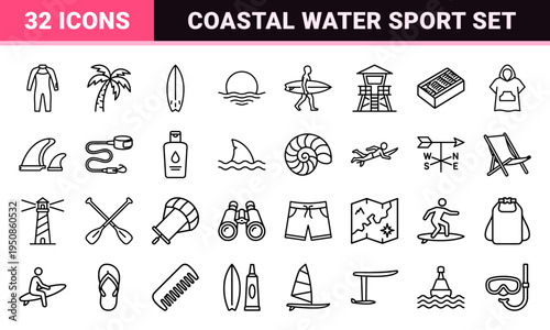 Surfing Lifestyle and Coastal Water Sports Monoline Outline Symbols Featuring Minimalist Surfboards Waves and Beach Equipment Gear
