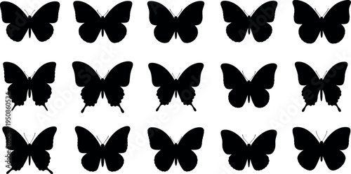 Collection of black butterfly or moth silhouettes arranged in rows on a white background