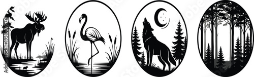 Set of wildlife medallions with moose, flamingo, howling wolf under moon, and dense forest silhouettes, nature icons on white background.