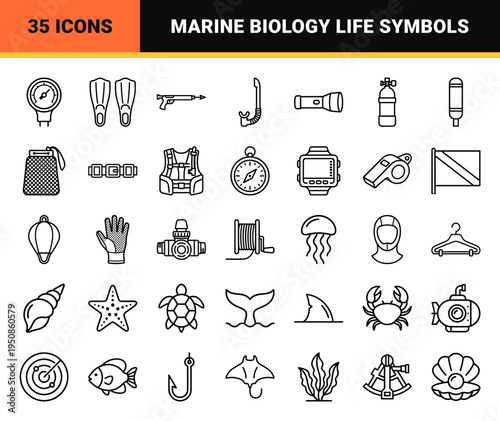 Underwater Scuba Diving Gear and Marine Biology Exploration Neo-Line Art Symbols. Minimalist Professional Monoline Technical Outline Graphics.