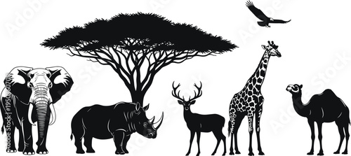 Silhouette collection of wild animals featuring elephant rhino deer giraffe camel and eagle under tree, vector illustration isolated on white