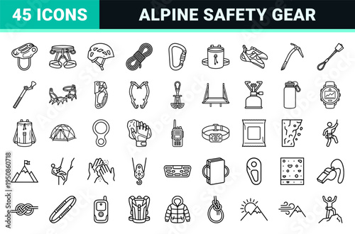 Extreme Rock Climbing and Mountaineering Technical Monoline Outline Symbols for Outdoor Adventure Sports and Alpine Equipment Navigation Design