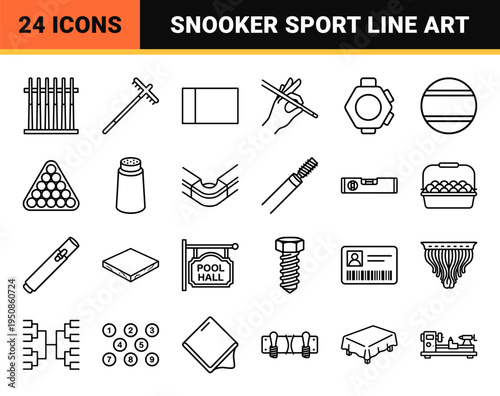 Billiard Equipment and Pool Hall Linear Symbols Featuring Cue Sticks Balls and Racks in a Sophisticated Monoline Geometric Style