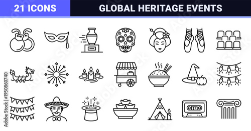 Global Cultural Activities and Heritage Traditions Monoline Outline Symbols; Minimalist Technical Line Art for Event Planning and Education.