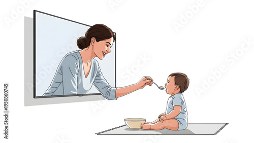 Mother Feeding Baby on Smart TV Screen Vector Illustration Isolated on White Background