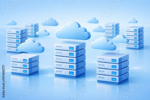 Cloud Data Nexus: An ethereal representation of cloud computing and data storage, a network of servers interconnected with fluffy clouds, symbolizing accessibility, security.