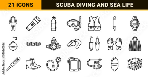 Marine Exploration and Scuba Diving Equipment Monoline Outline Symbols Featuring Ocean Wildlife and Underwater Gear Professional Line Art