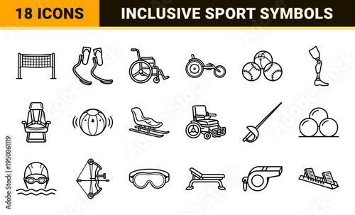 Adaptive Sports and Paralympic Equipment Monoline Outline Symbols Featuring Racing Wheelchairs, Prosthetic Blades, and Inclusive Athletic Gear.