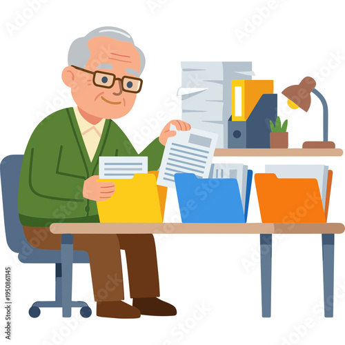 Elderly man organized papers on office desk with folders and lamp