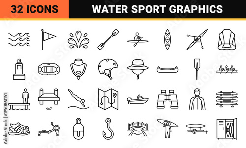 Paddlesport and Competitive Rowing Technical Monoline Symbols. High-Utility Minimalism for Kayaking, Canoeing, and Marine Recreation Graphics.