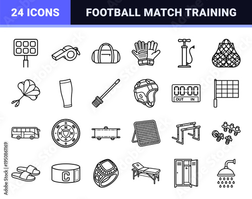 Professional Soccer Equipment Technical Monoline Symbols for Athletic Training and Match Day Strategy Minimalist Outline Design Set