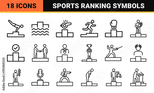Professional Monoline Sports Podium Icon Set Featuring Competitive Ranking Symbols and Victory Ceremony Achievement Graphics for Digital Interfaces