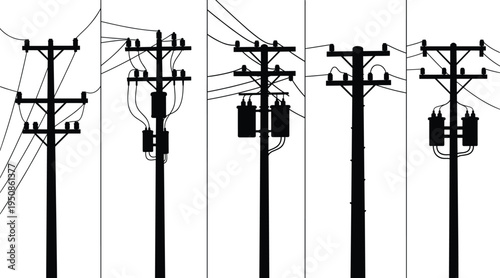 Silhouette illustration of multiple electrical utility poles with power lines, transformers, distribution equipment and infrastructure design for energy grid and electrical network concepts
