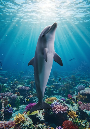 Dolphin Swimming Underwater Above Colorful Coral Reef with Sunlight animal background animal poster background for poster