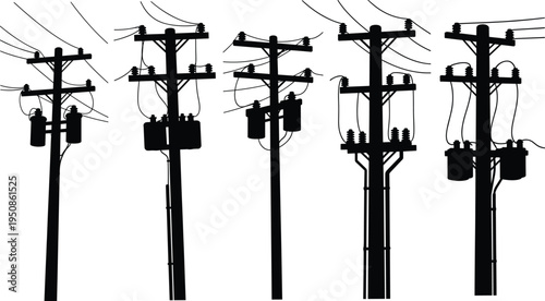 Silhouette illustration of multiple electrical utility poles with transformers, power lines and distribution equipment representing energy grid infrastructure and electrical network system design