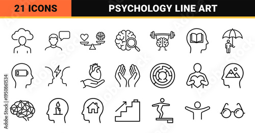 Psychology and Mental Health Technical Monoline Outline Symbols for Cognitive Therapy Apps, Behavioral Wellness Platforms, and Medical Design UI.