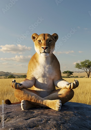 Lioness in meditative yoga pose on rock in savannah landscape animal background animal poster background for poster