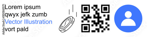 Digital identity, authentication, secure transactions, QR codes, online accounts, payment systems. QR code, coin and profile icon on a neutral background. Digital identity and authentication concept