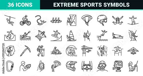 Extreme Sports and Outdoor Adventure Activity Symbols Featuring Minimalist Monoline Aesthetic for High-End Digital Interface Design Projects