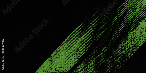 Abstract green and black grunge vector background. Dynamic design with distressed diagonal lines, halftone dots, and splatter textures, creating an energetic and edgy modern effect.Eps10