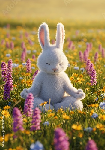 White rabbit in lotus position sits in colorful flower field meditating peacefully animal background animal poster background for poster