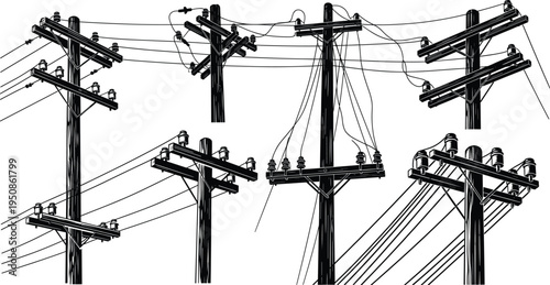 Silhouette illustration of multiple wooden utility poles with electrical wires, power distribution lines, energy infrastructure design, vintage style engineering artwork