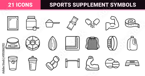 Professional Fitness Nutrition and Sports Hydration Monoline Symbols for Digital Wellness Apps and Health Tracking Interfaces.