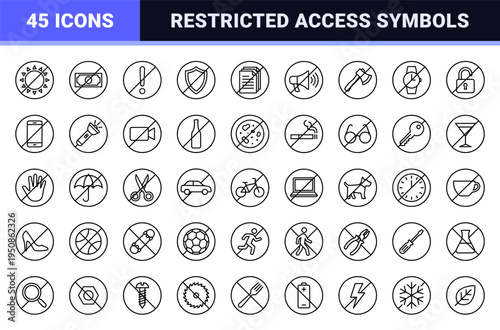 Security Compliance Prohibited Status Monoline Icons featuring Minimalist Technical Outline Symbols for Restriction Warning and Access Control Interface.