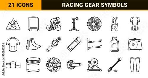 Professional Road Cycling and Triathlon Equipment Monoline Symbols Featuring High-Clarity Outline Minimalist Racing Geometry and Technical Art