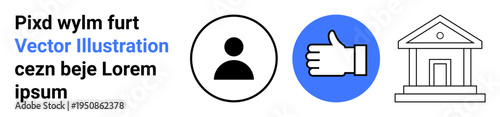 User identity, communication, online platforms, social media, digital approval, government institutions. Black profile symbol, blue thumbs-up icon building outline. User identity and communication