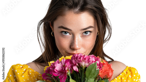 Blooming Beauty's Bouquet: A portrait of a woman delicately inhaling the fragrance of a colorful bouquet of fresh flowers, radiating warmth, grace, and an appreciation for the simple joys of nature.
