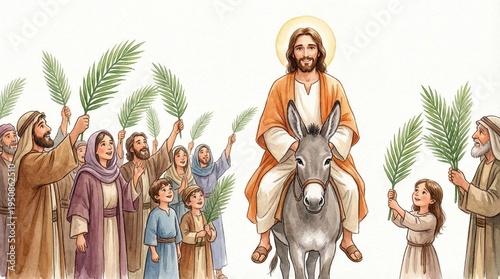 Fotografía Jesus christ riding a donkey amidst a palm sunday procession