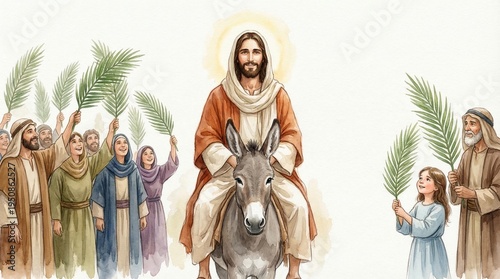 Obraz na plátně Jesus christ riding a donkey with palm branches