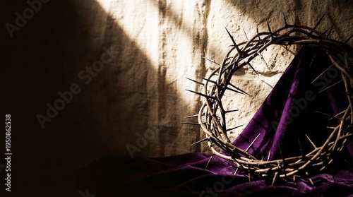 Crown of thorns on purple cloth in sunlit room
