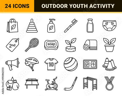 Sustainable Kids Products and Outdoor Sports Monoline Outline Symbols for Ethical Branding and Physical Education Interface Design