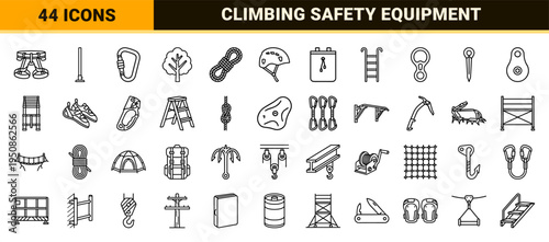 Vertical Progression and Climbing Equipment Neo-Line Art Symbols with Minimalist 1.25pt Stroke Weight and High Technical Clarity