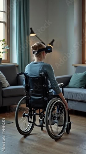 Woman in wheelchair experiences virtual reality at home, exploring digital worlds.