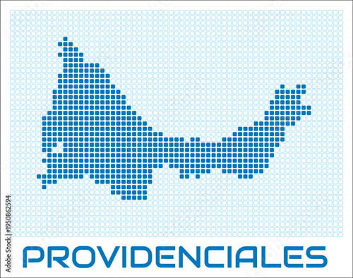 Providenciales digital style map with blue rounded rectangle dots. Turks and Caicos. Dotted shape of the island. Providenciales blue colored map and title on white background.