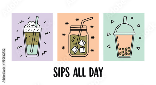 Set of 3 colorful drink icons vector, Sips All Day